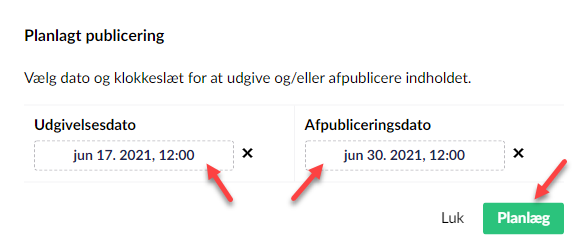 Når du har oprettet en Event, kan du angive start og slut tid